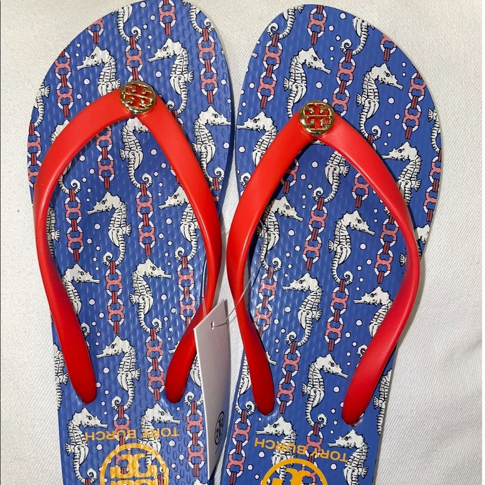 Tory Burch Red Blue Seahorse Summer Casual Flip Flop Thong